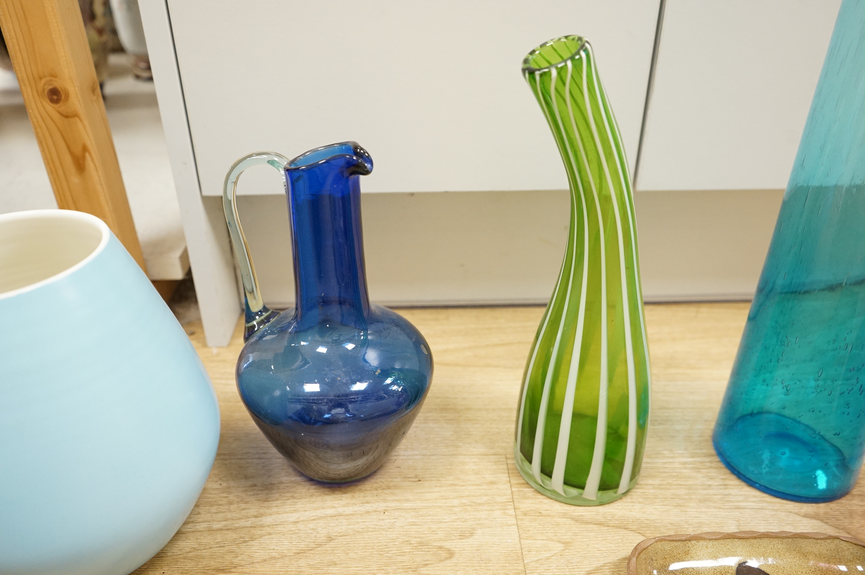 Seven pieces of modern glass to include Royal Brierley and Whitefriars, together a collection of Poole and Studio pottery